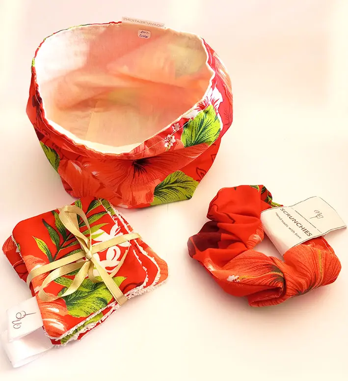 Trio panière - chouchou - 4 lingettes "FLEURI ROUGE"