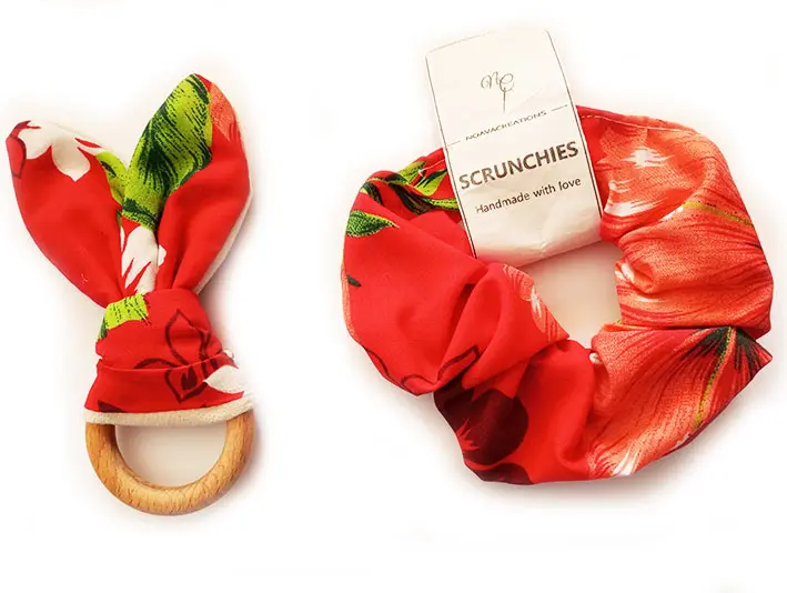 Duo Chouchou et anneaux de dentition "FLEURI ROUGE"