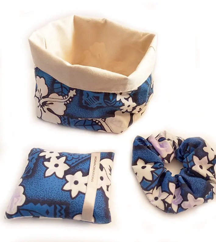 Trio pochon - chouchou - bouillotte sèche "POLYNESIE" bleu